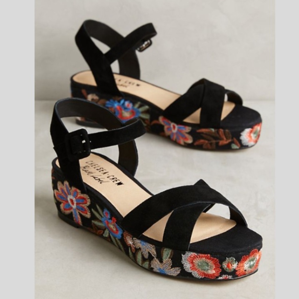 {Anthro} Chelsea Crew Embroidered Platform Sandal